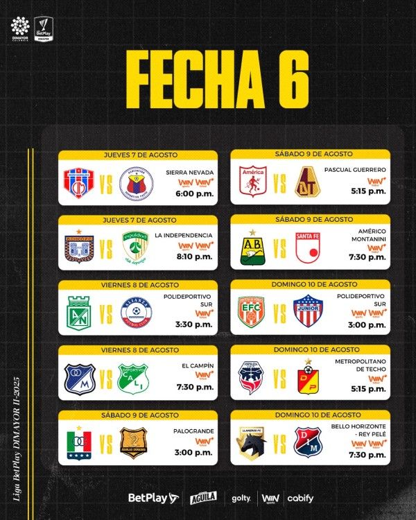 Calendario jornada 6 Liga Betplay 2025-2
