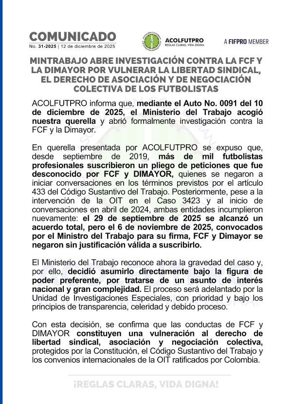 Comunicado ACOLFUTPRO DIMAYOR